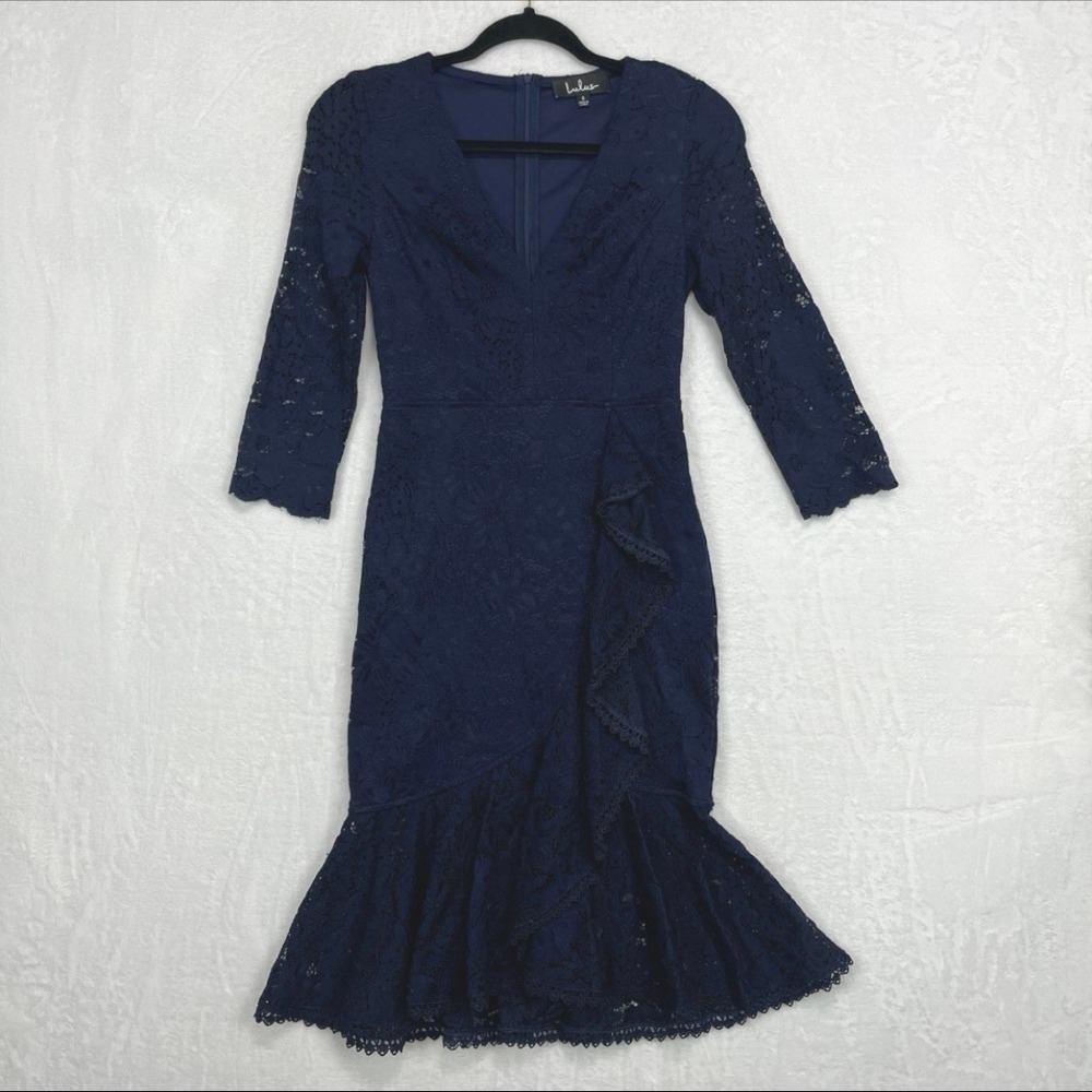 Lulus Make Time For Me Navy Blue Lace Midi Dress Small Ruffle Hem